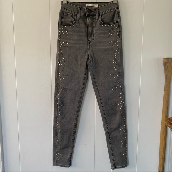 Levi’s Mile High Super Skinny Grey Embellished Ankle Black Studded Rise Premium - Picture 3 of 14